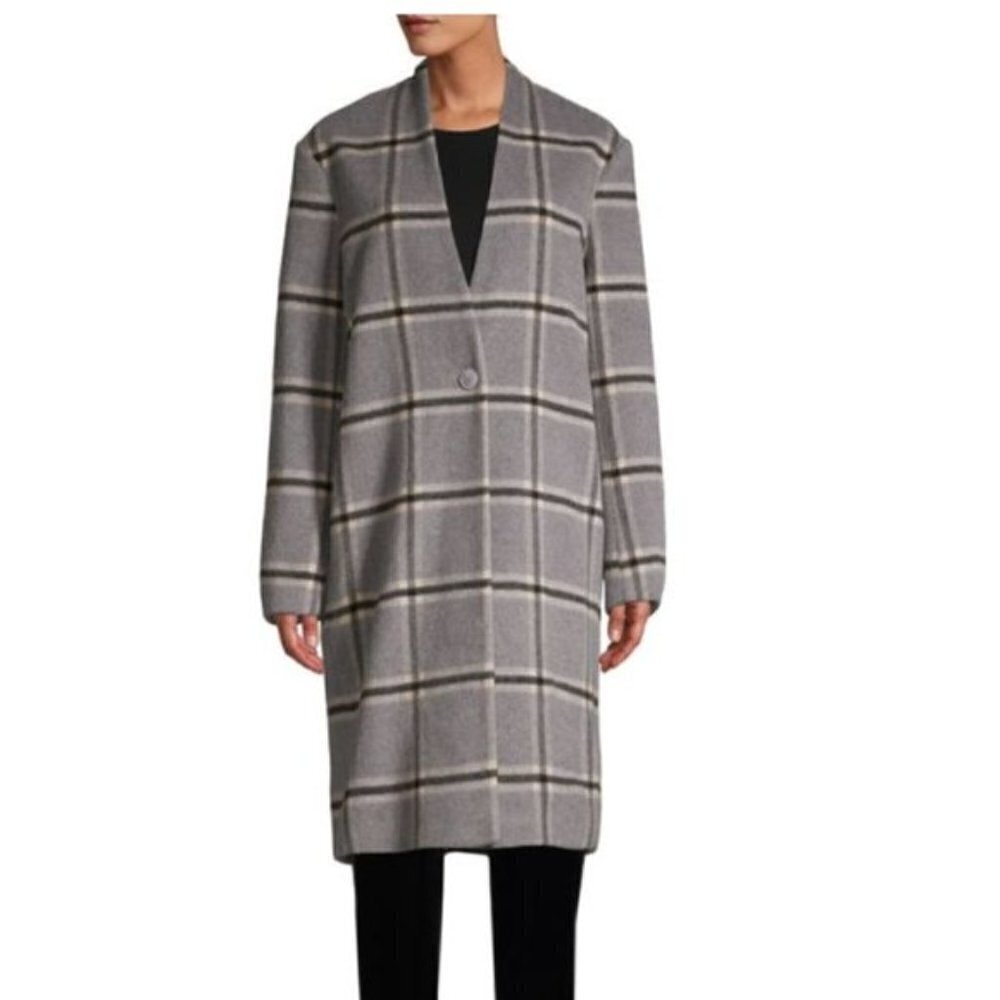 Pure Navy Pea Coat Jacket Wool Plaid WIndowpane Grey Black Small Minimalist Smal